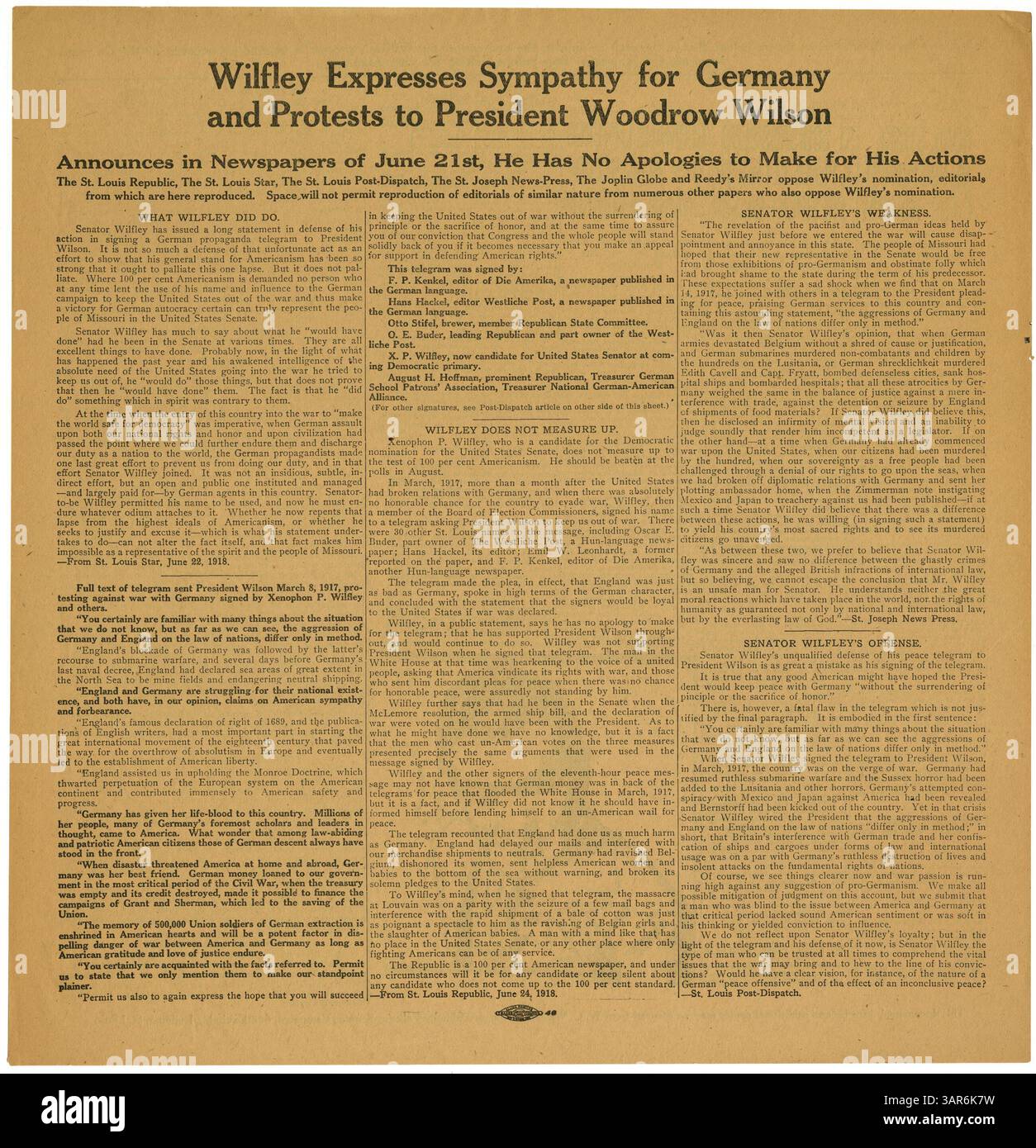 Questa parte presenta l'espressione di solidarietà di Wilfley per la Germania e la sua protesta al presidente Woodrow Wilson durante la prima guerra mondiale. Include dettagli dai giornali del 21 giugno 1918 e editoriali che si oppongono alla sua nomina. Foto Stock