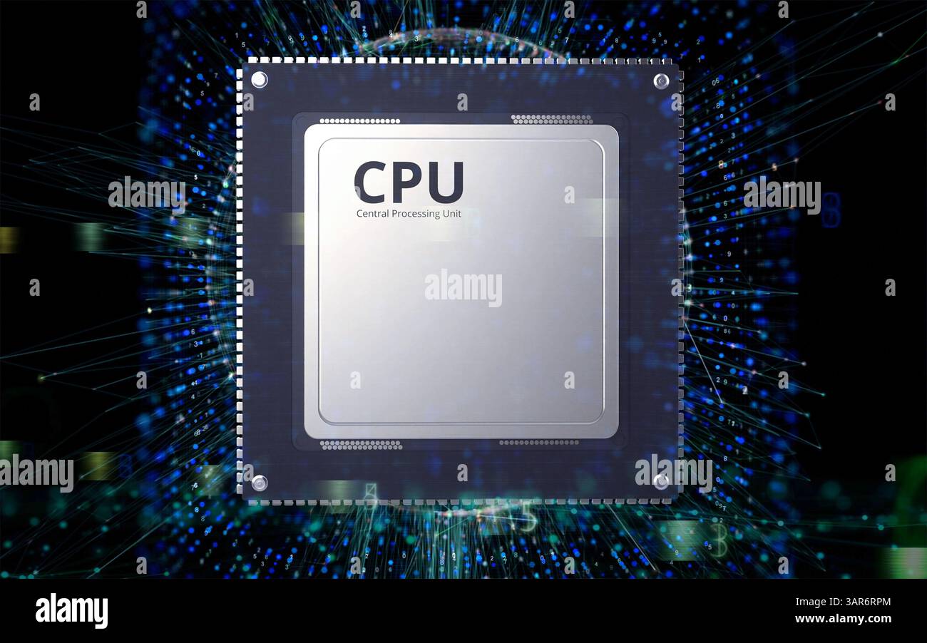 chip cpu di rendering 3d su sfondo blu scuro Foto Stock