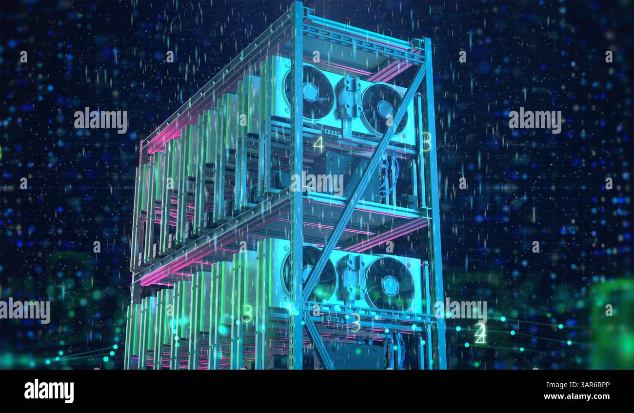 mining farm di crittografia con rendering 3d con scheda grafica o rack gpu Foto Stock