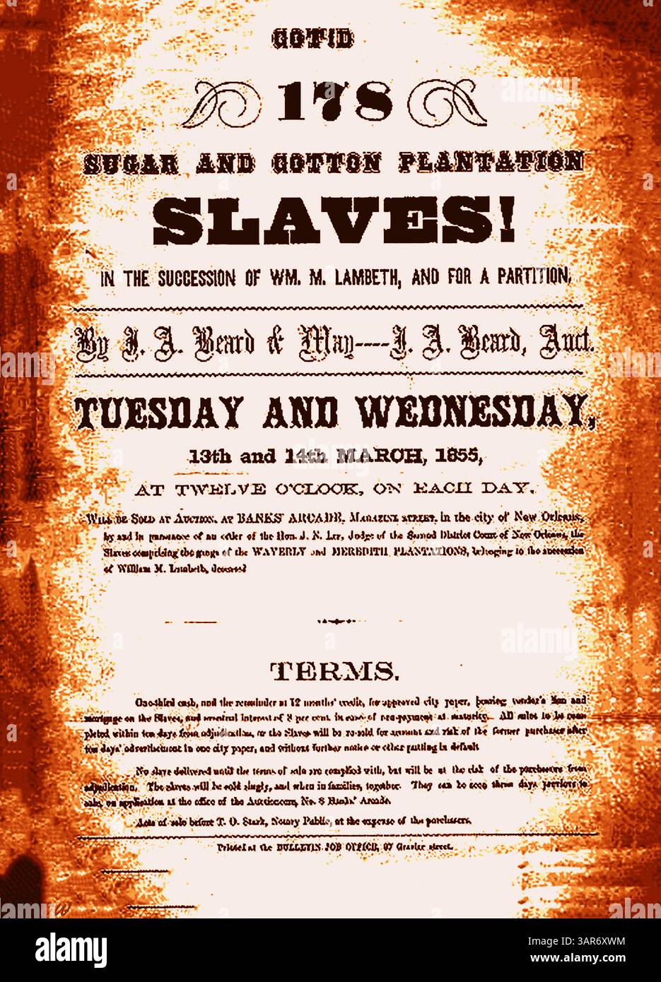 1855 poster d'asta degli schiavi, New Orleans USA. Foto Stock