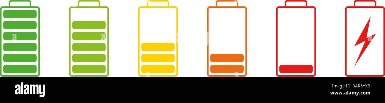 Set di icone dei livelli di carica della batteria. Raccolta simboli stato energia di alimentazione. Illustrazione del vettore isolato Illustrazione Vettoriale