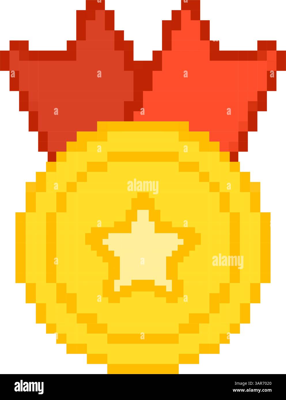 Medaglia d'oro con stella e nastri rossi con icona a forma di pixel. Pixel Art simbolo delle illustrazioni e delle medaglie della Vittoria. Illustrazione del vettore isolato Illustrazione Vettoriale