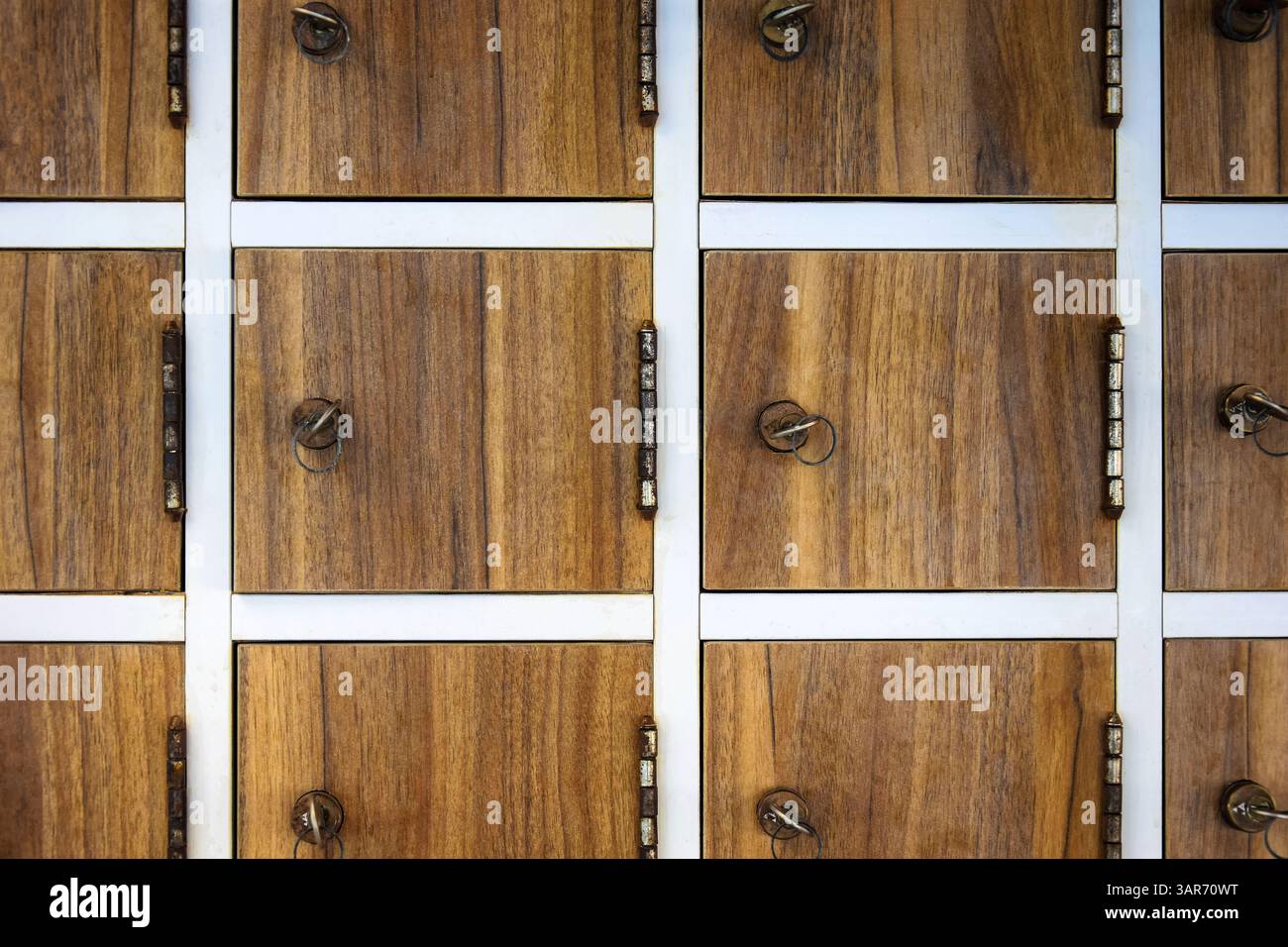 Vecchio sistema di stoccaggio con piccoli vani che si chiudono con la chiave. Le chiavi con anelli sono inserite nelle serrature di porte in legno, cerniere arrugginite. Messa a fuoco selettiva. Foto Stock