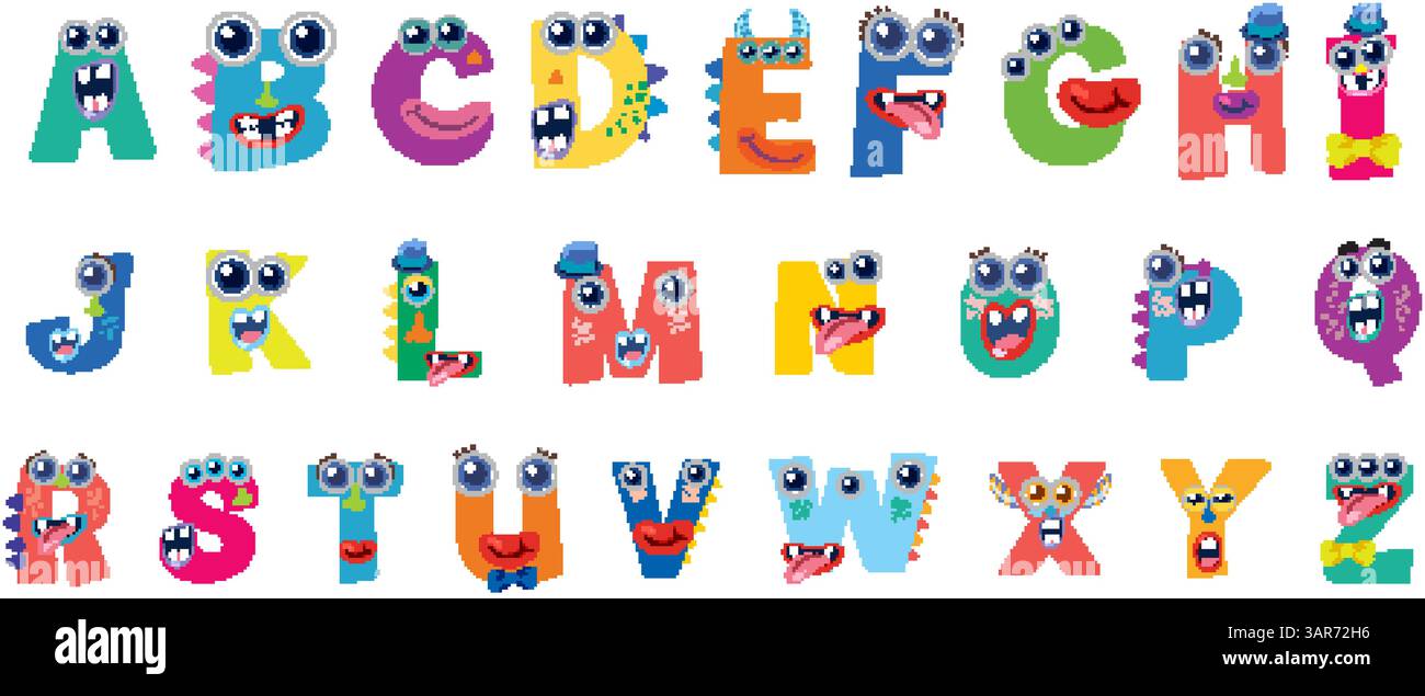 Alfabeto giocoso con lettere a tema mostro in colori vivaci. Ogni lettera presenta caratteristiche ed espressioni uniche del mostro Illustrazione Vettoriale