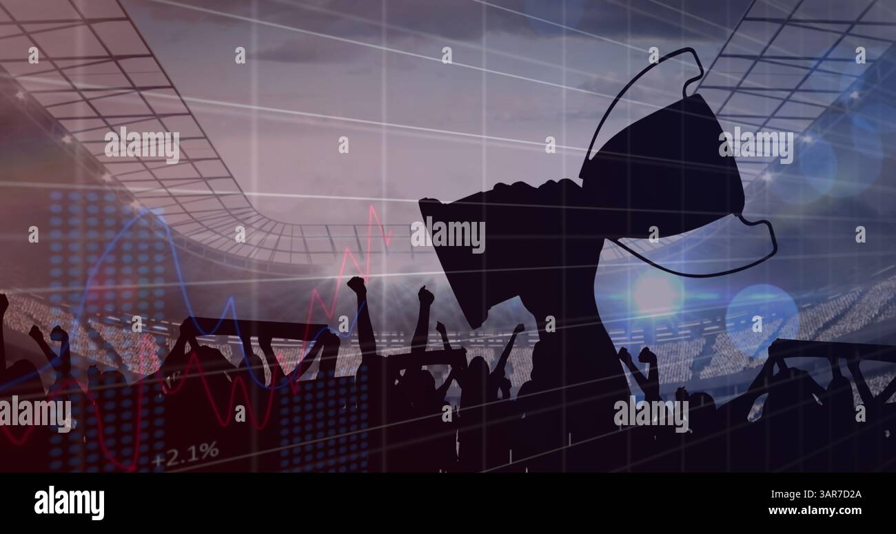 Immagine dell'elaborazione dei dati sull'interfaccia tra i tifosi di trofei e sportivi dello stadio Foto Stock