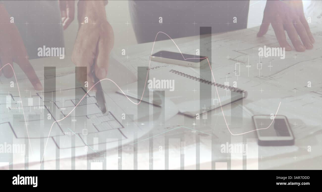 Immagine delle statistiche e del trattamento dei dati finanziari su architetti con piani in riunione Foto Stock