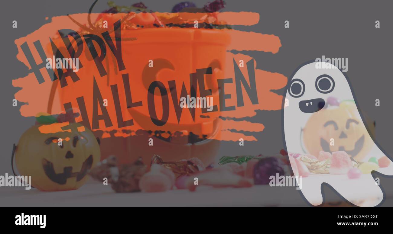 Immagine del testo di halloween felice con fantasma su secchi di zucca arancioni con dolci Foto Stock