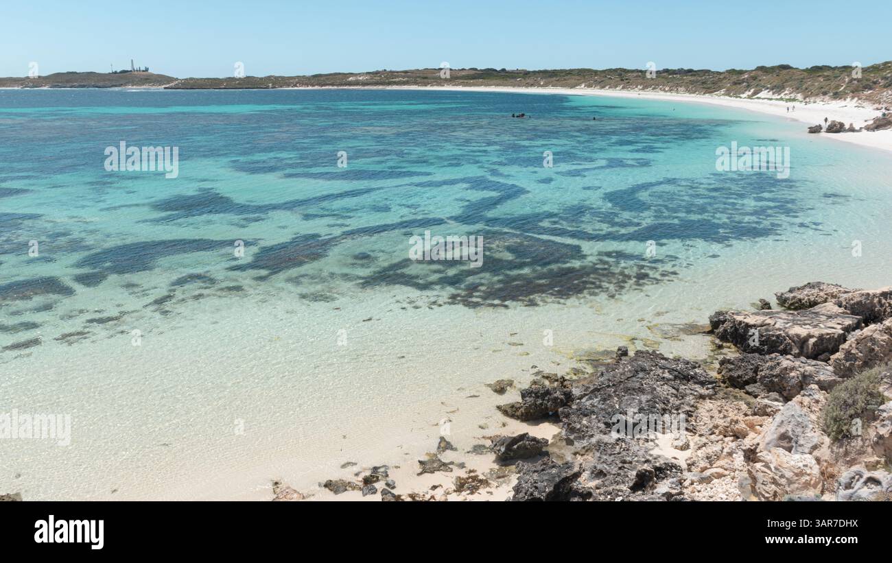 Splendida Baia dei salmoni nell'Isola di Rottnest, a 30 km da Perth nell'Australia Occidentale, Australia. L'isola è famosa per le spiagge turchesi incontaminate e le quokka. Foto Stock