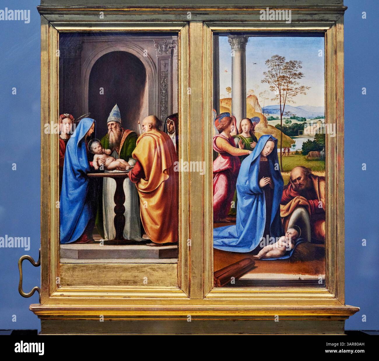 Adorazione del bambino con Annunciazione, presentazione al tempio, detto Tabernacolo del Pugliese, verso - olio su tavola - Frà Bartolomeo - Foto Stock