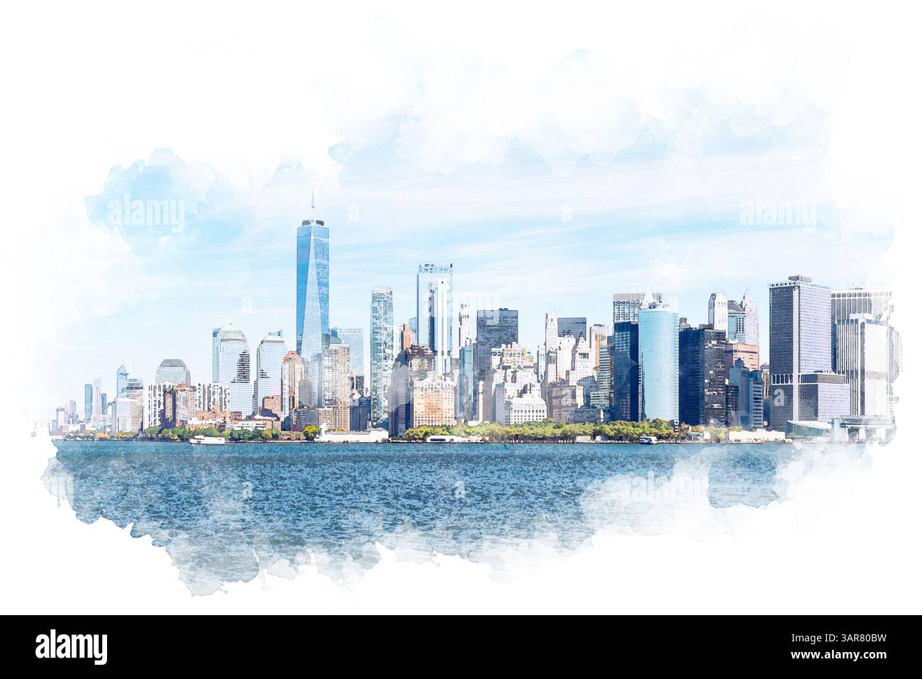 Disegno artistico ad acquerello stilizzato dello skyline di New York City, che unisce architettura iconica con pennellate morbide e vivaci colori urbani Foto Stock