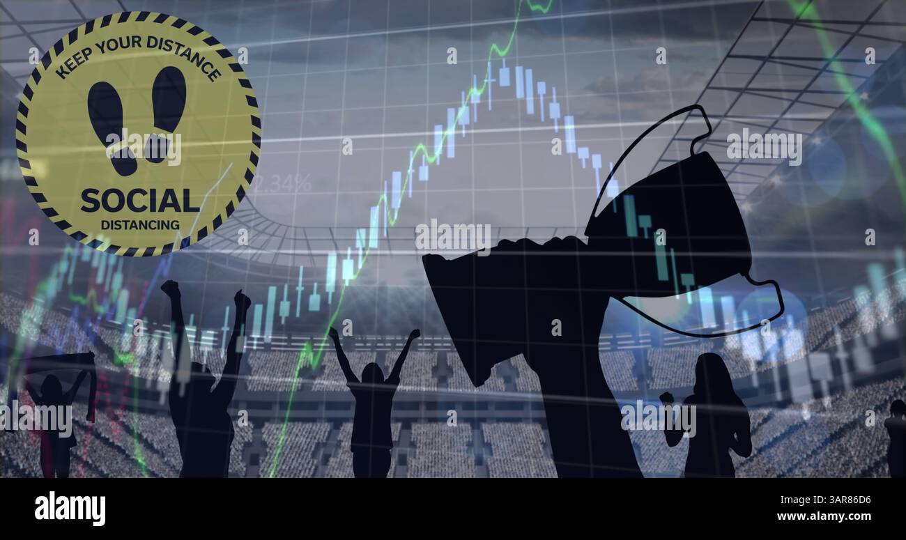 Immagine del testo di distanziamento sociale con dati e grafici su trofei e tifosi sportivi allo stadio Foto Stock