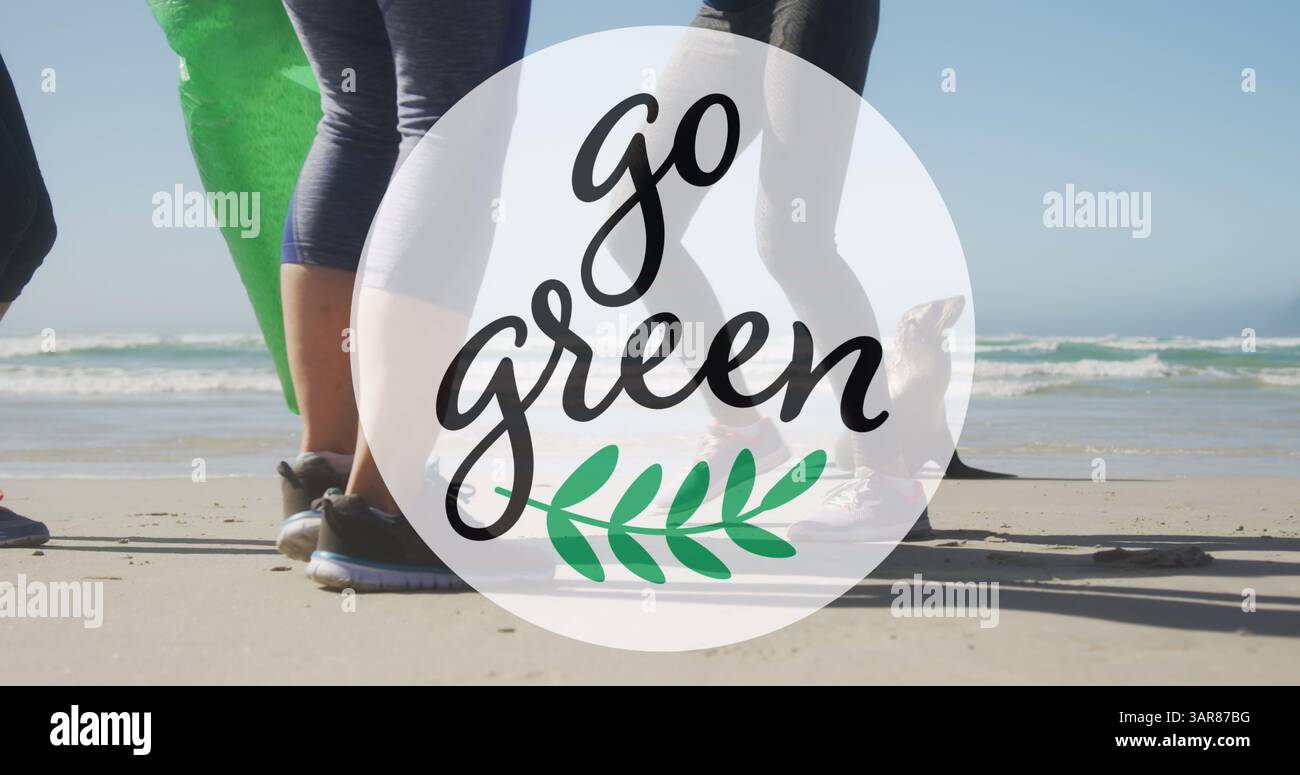 Immagine del testo Go green e del logo sopra la parte bassa di diversi gruppi che raccolgono rifiuti dalla spiaggia Foto Stock