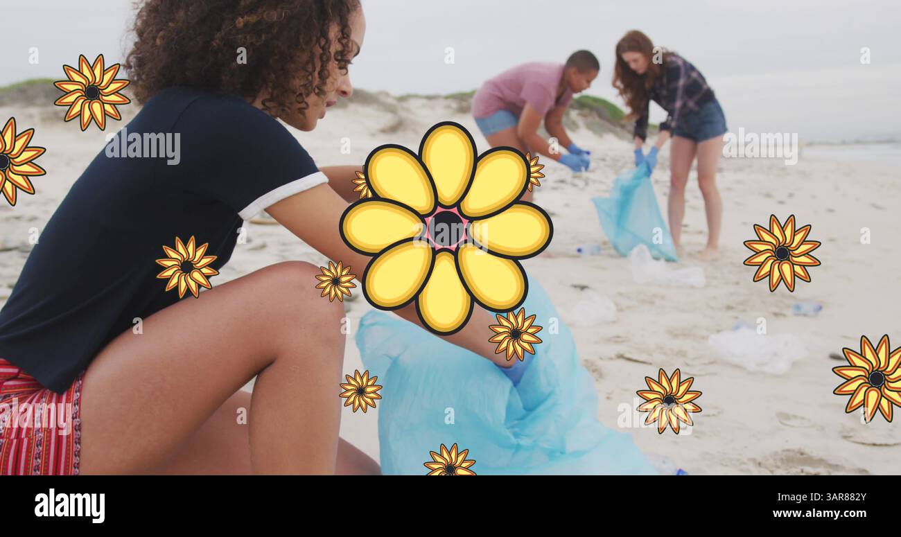 Immagine di fiori su diverse volontarie che raccolgono rifiuti sulla spiaggia Foto Stock