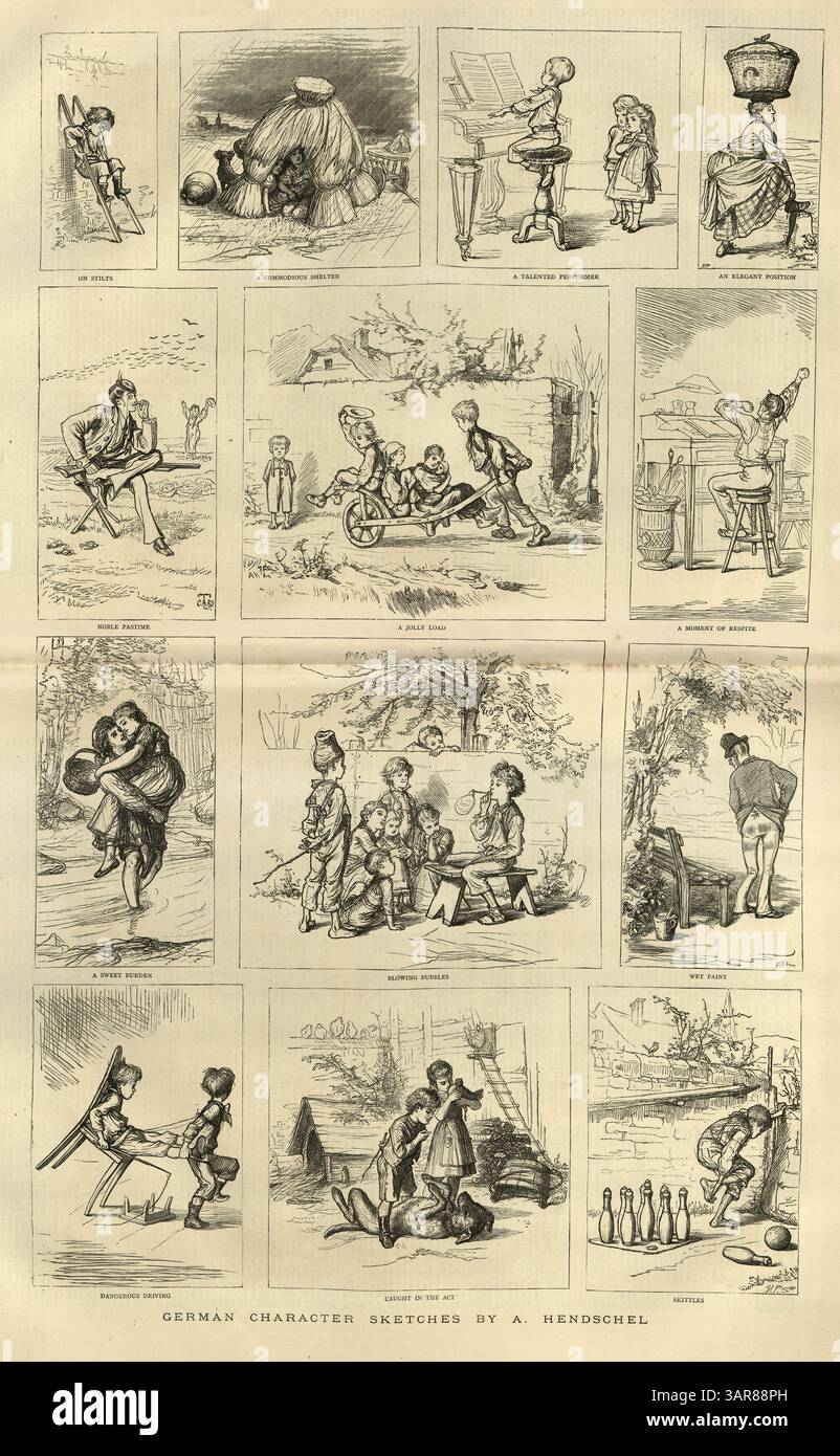Bambini che giocano, personaggio tedesco sketch di Albert Louis Ulrich Hendschel, anni '1870, XIX secolo Foto Stock