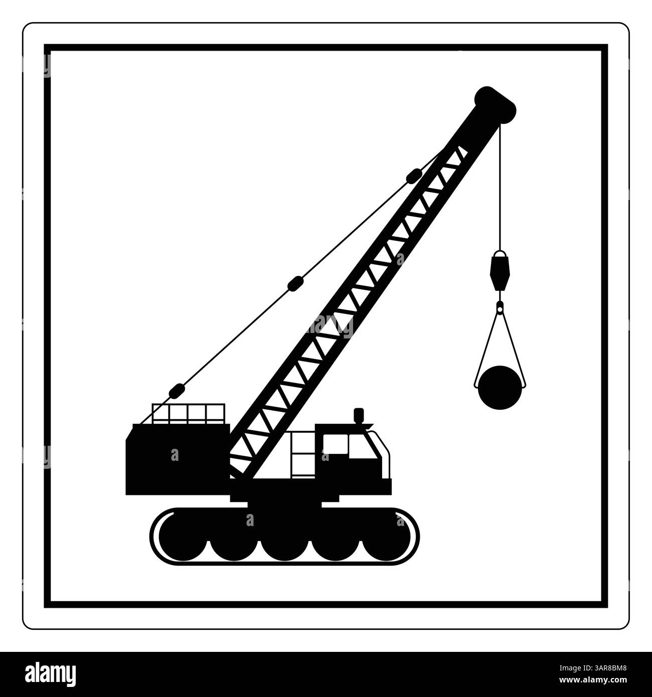Questa immagine con silhouette nera raffigura una gru da cantiere che solleva un carico, simboleggiando il progresso industriale e i macchinari pesanti utilizzati nel settore edile Illustrazione Vettoriale
