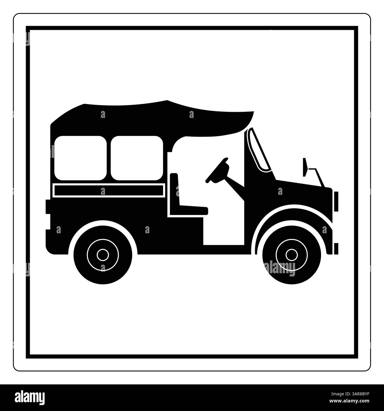 Una silhouette classica di un risciò automatico in bianco e nero, perfetta per rappresentare i temi del trasporto o per viaggiare in un ambiente urbano. Ideale per la grafica Illustrazione Vettoriale
