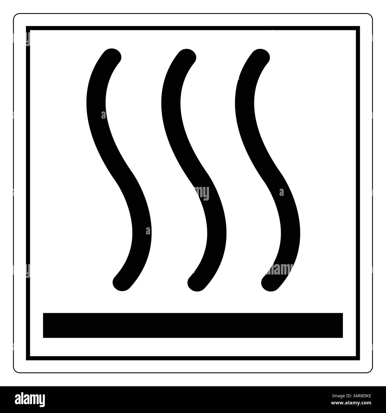 Questa immagine presenta un segnale di avvertimento con tre linee ondulate che simboleggiano il calore o il vapore, progettato in uno schema di colori in bianco e nero per una chiara visibilità e una Illustrazione Vettoriale