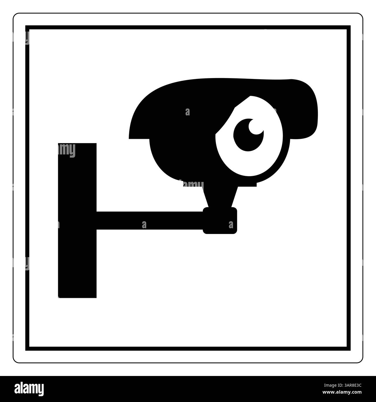 Questa grafica in bianco e nero presenta il simbolo di una telecamera di sicurezza all'interno di una cornice quadrata, ideale per l'uso in segnaletica di sicurezza o campagne di sensibilizzazione. Illustrazione Vettoriale