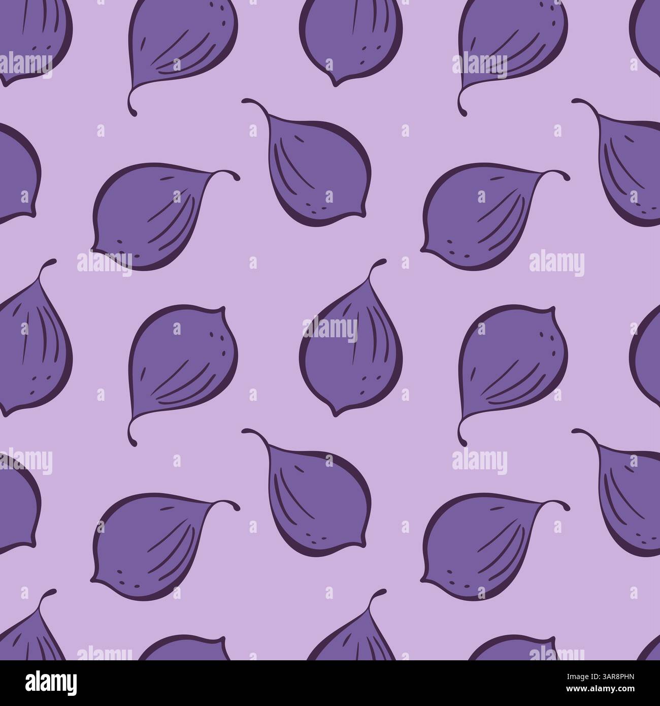 Motivo viola con fichi, fichi stilizzati su sfondo lilla. Imballaggio, carta da parati, sfondo, etichetta, atmosfera fruttata. Illustrazione vettoriale Illustrazione Vettoriale