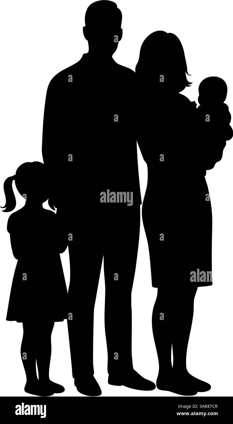Sagoma di una famiglia tradizionale, padre, madre, figlia e bambino in piedi insieme Illustrazione Vettoriale
