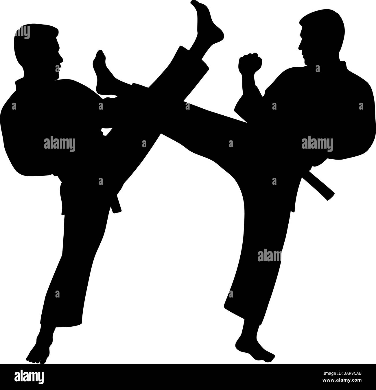 La silhouette di due combattenti taekwondo si sta scaldando durante il combattimento Illustrazione Vettoriale