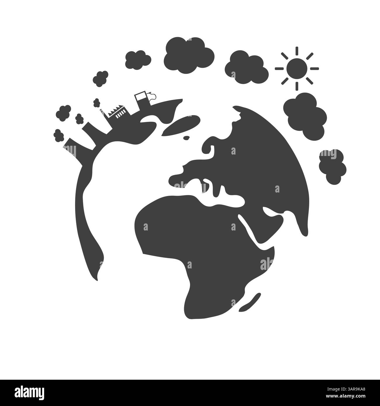 Fumo proveniente dalle piante degli Stati Uniti che coprono la Terra, un globo con continenti visibili. Aumento del fumo dalle fabbriche e dalle centrali elettriche, come illustrato da Glob Illustrazione Vettoriale