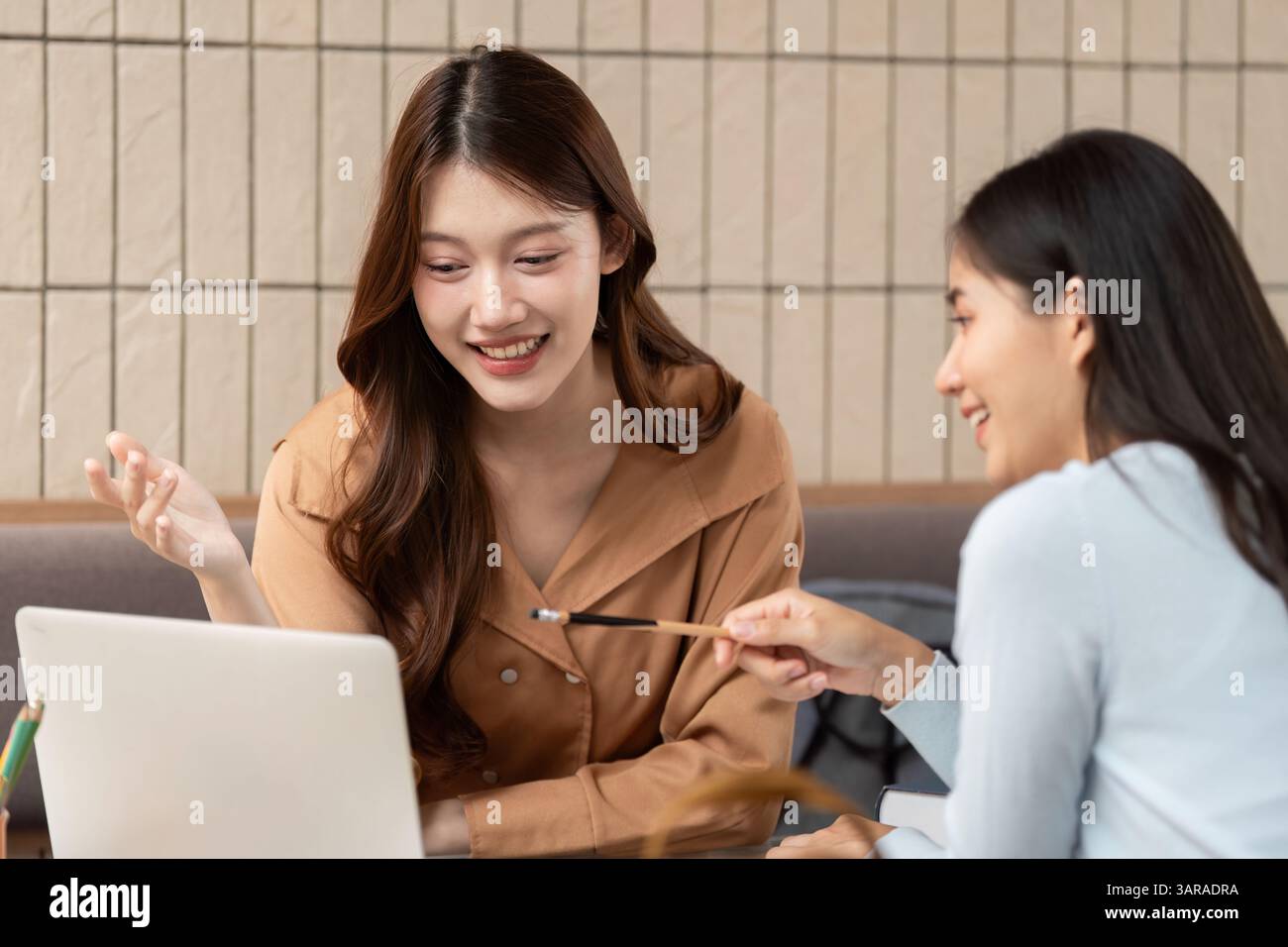 Studiare collaborazione e apprendimento. Due studenti condividono conoscenze e idee mentre studiano insieme su un notebook in un ambiente accogliente. Foto Stock