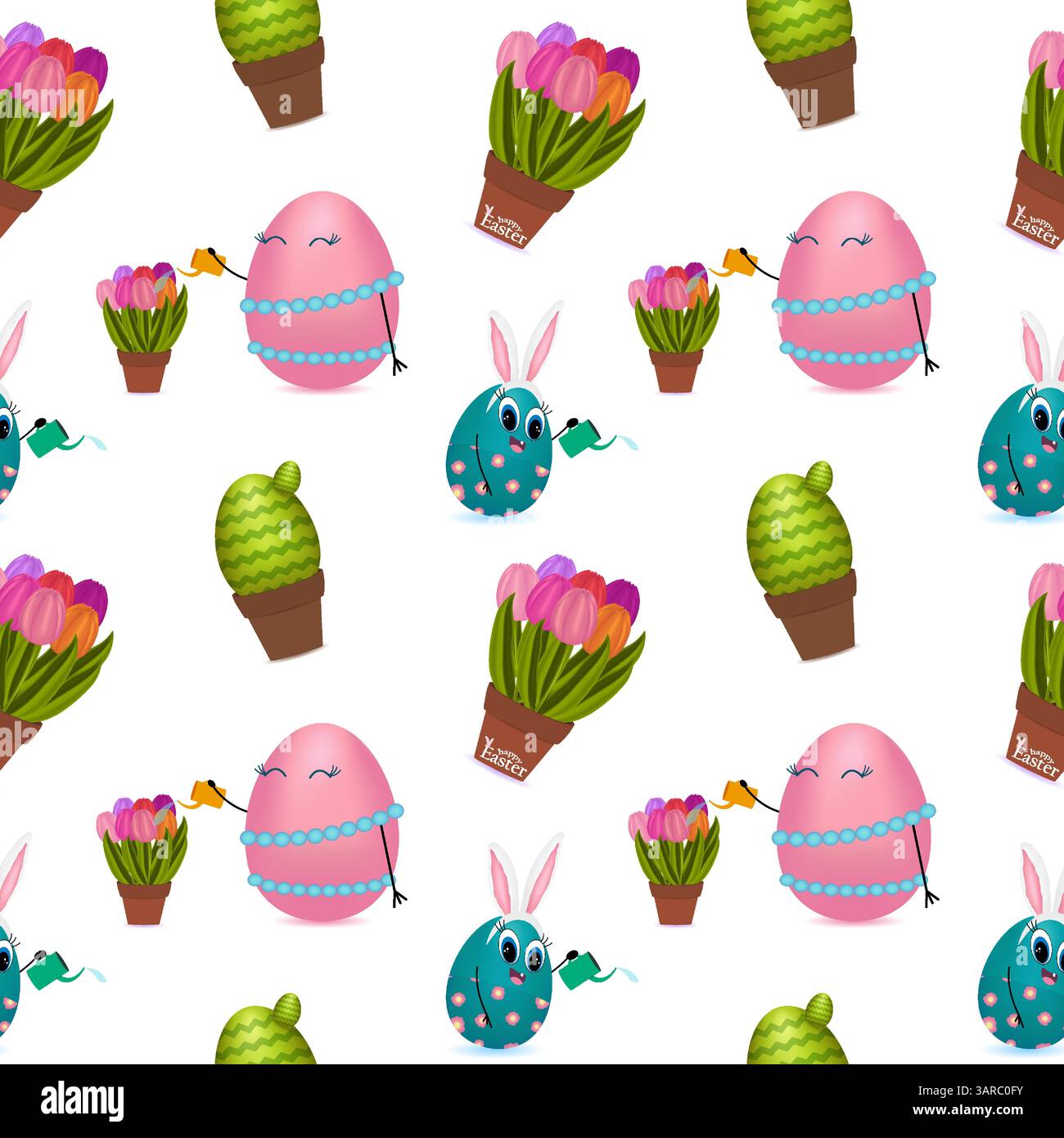 Motivo senza cuciture con personaggi antropomorfi in 3d con uova di famiglia felici che innaffiano fiori con lattina da annaffiare, tulipani, piante in vaso, cactus e Illustrazione Vettoriale
