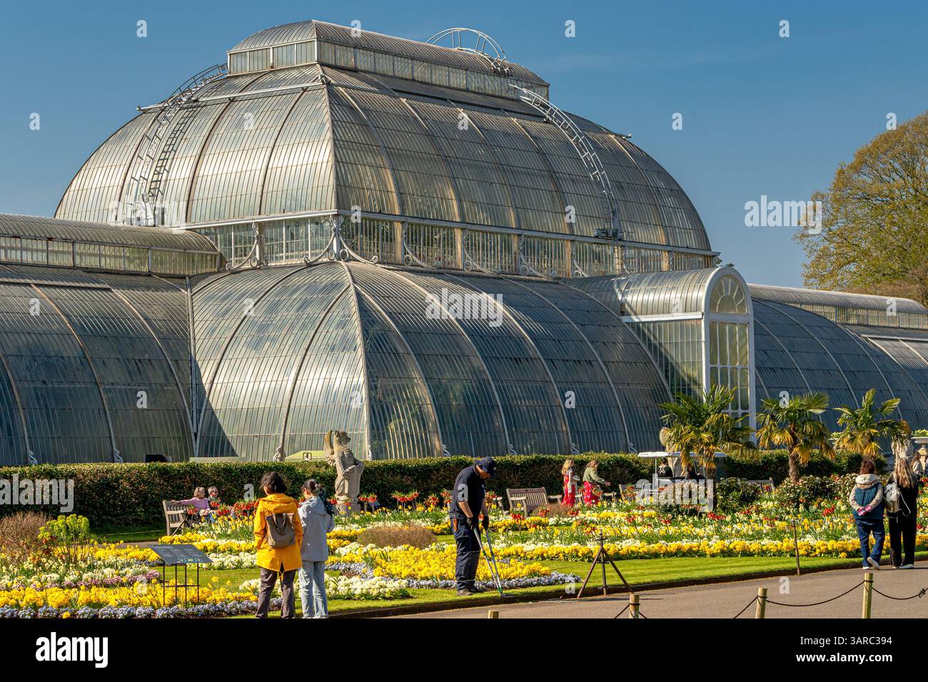 Aiuole di fiori davanti alla Palm House presso i Royal Botanic Gardens, Kew, Londra, Regno Unito Foto Stock