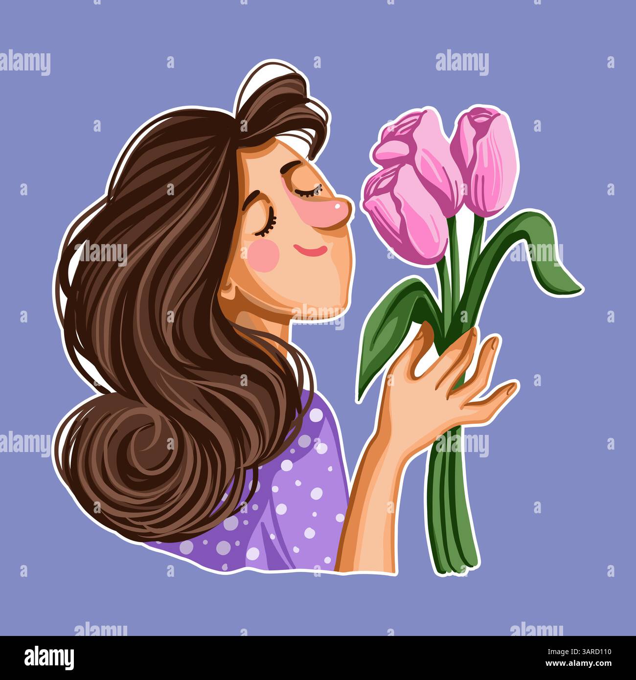 Adesivo vettoriale disegnato a mano raffigurante una donna sorridente che tiene in mano tulipani rosa, in un carino stile cartoni animati piatto, isolato al buio. Illustrazione vettoriale Illustrazione Vettoriale
