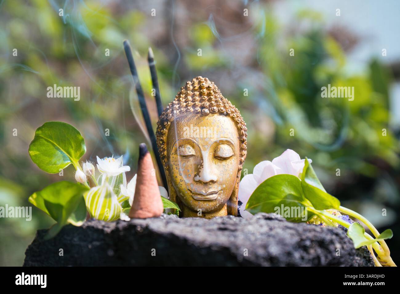 Vesak Day Buddha Jayanti di Siddhartha Gautama statua dorata con incenso sullo sfondo naturale Foto Stock