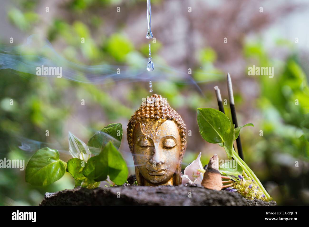 Vesak Day Buddha Jayanti di Siddhartha Gautama statua dorata con incenso sullo sfondo naturale Foto Stock