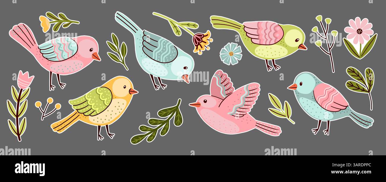 Illustrazione vettoriale disegnata a mano di graziosi uccelli fantasiosi, fiori e rami in tonalità pastello come un set di adesivi in stile cartone animato piatto. Illustrazione Vettoriale