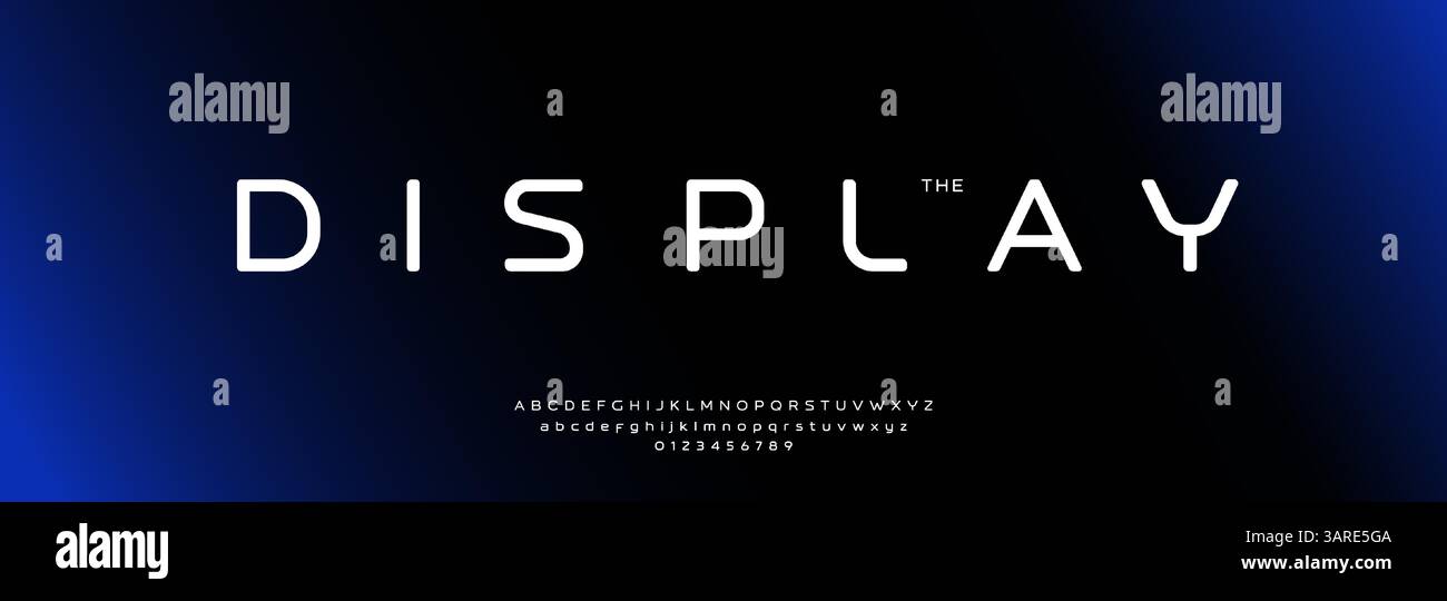 Carattere futuristico e minimalista con lettere geometriche arrotondate e alfabeto in stile digitale pulito. Moderno carattere di ispirazione tecnologica per uno spazio fantascientifico Illustrazione Vettoriale