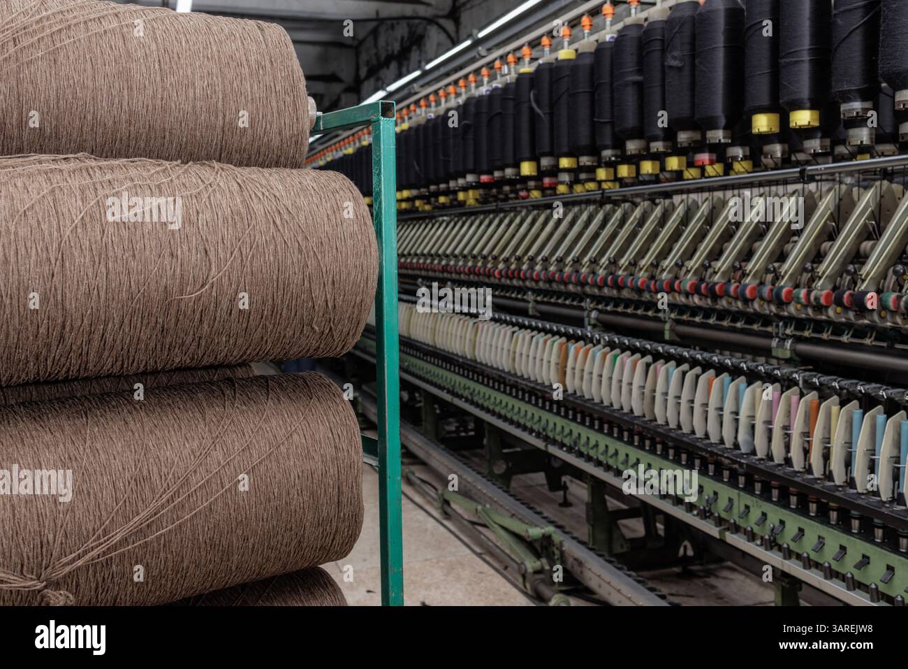 Grandi bobine di filato marrone nella fabbrica tessile accanto alla macchina per la filatura industriale con bobine colorate in linea. Foto Stock