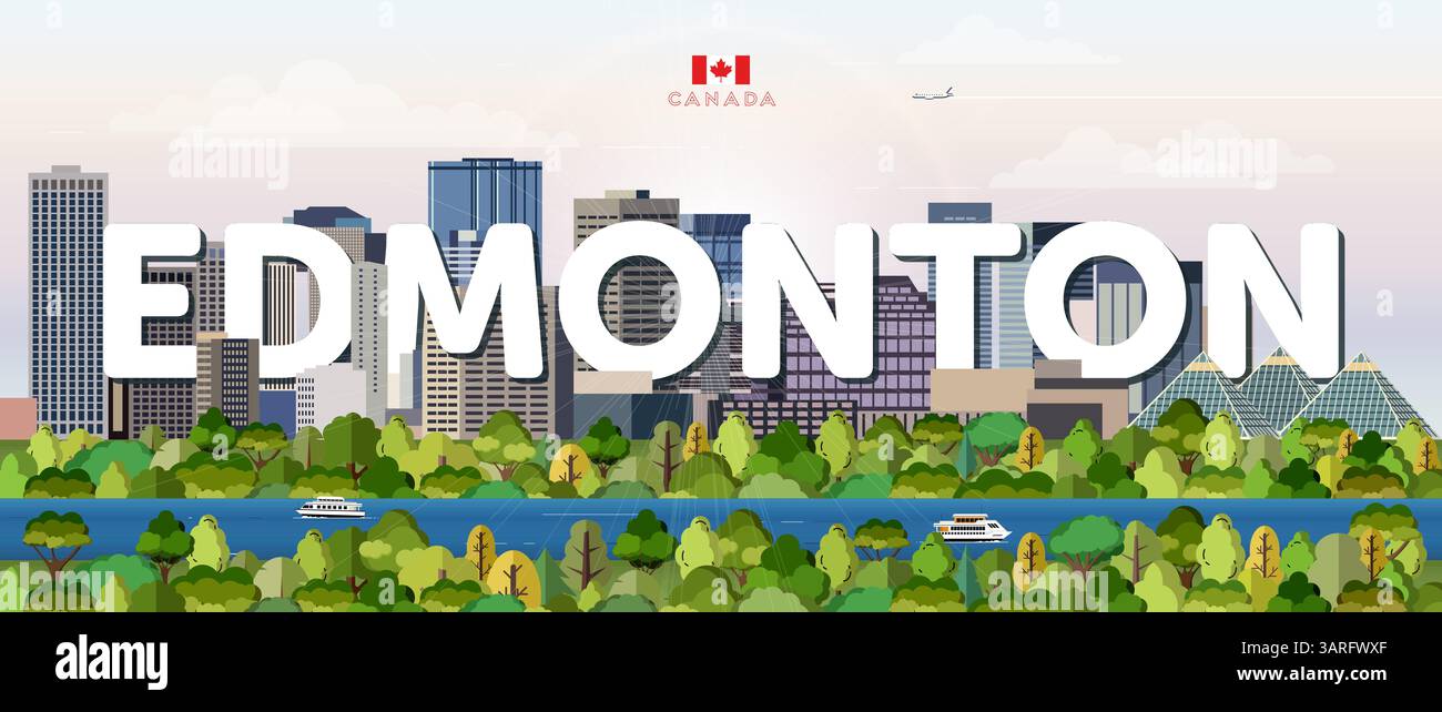 Edmonton City scape illustrazione vettoriale colorata con il nome della grande città sullo sfondo. Poster di tendenza per i viaggi Illustrazione Vettoriale