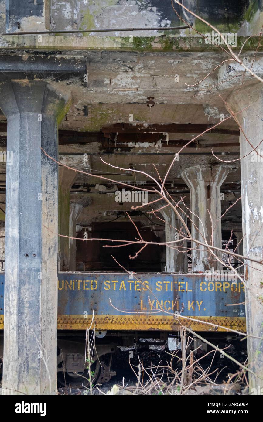 Lynch, Kentucky - Un vagone ferroviario della U.S. Steel rimane tra le rovine della centrale elettrica di una miniera in un'ex città della U.S. Steel Company nella contea di Harlan. Automati Foto Stock