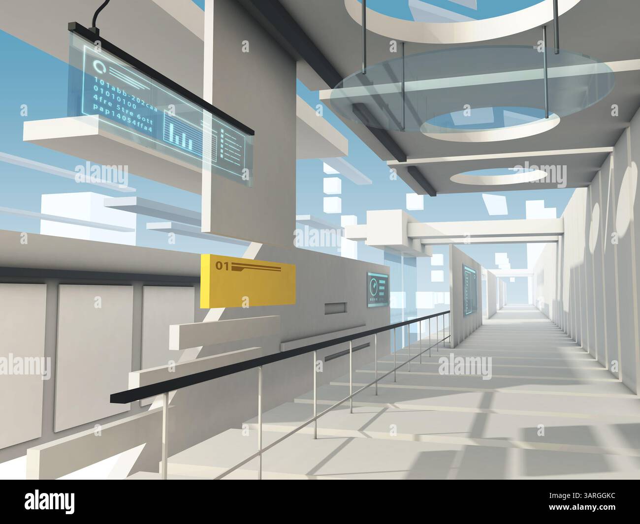 Corridoio futuristico con elementi di design high-tech. Illustrazione 3D. Foto Stock