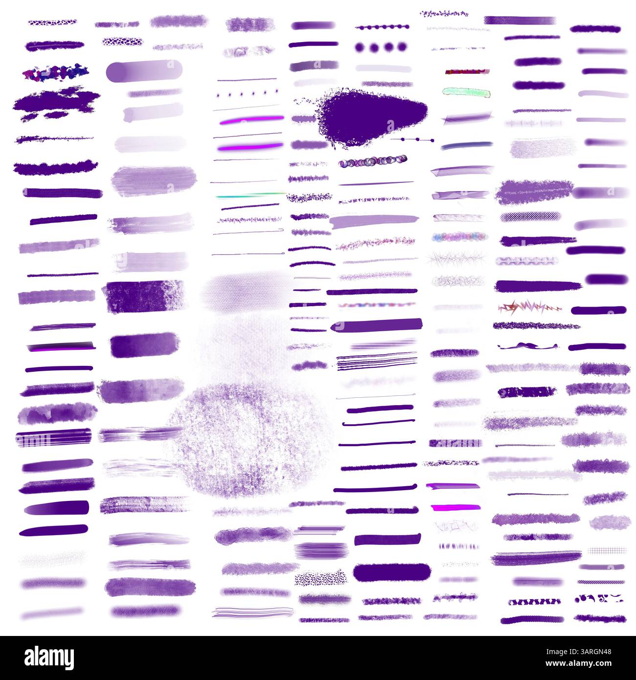 Collezione di tratti di pennello viola dipinti a mano e campioni di texture disposti come sfondo di design astratto moderno Foto Stock