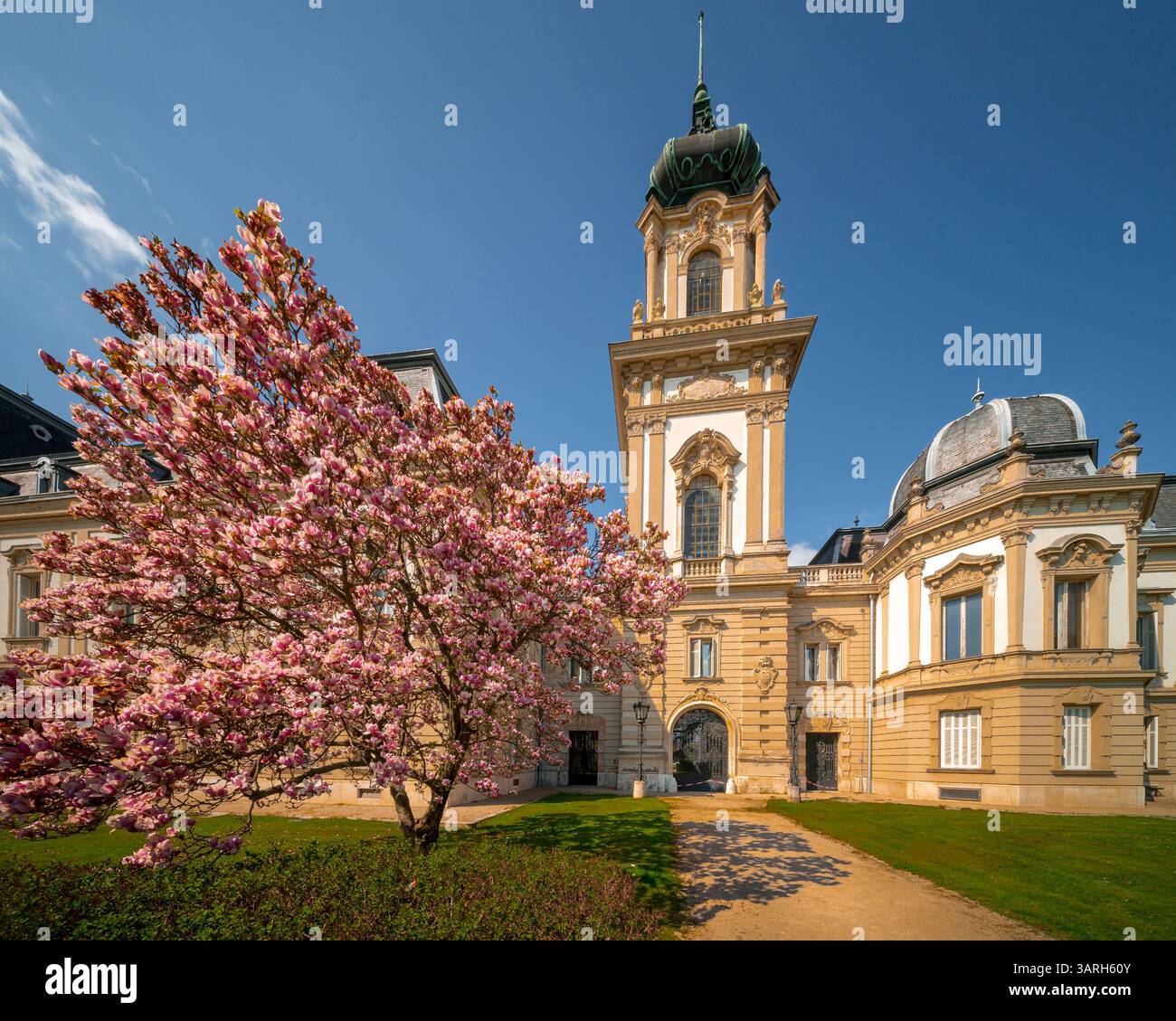 Castello di Festetics a Keszthely, in Ungheria, in primavera. Nel giardino ci sono splendidi fiori e alberi fioriti. L'erba è verde. Foto Stock