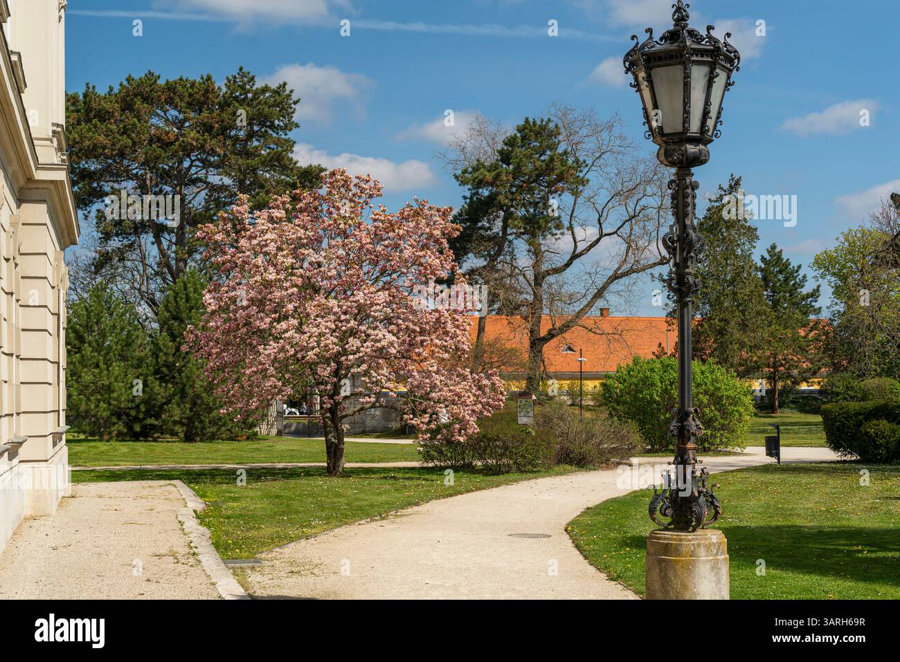 Castello di Festetics a Keszthely, in Ungheria, in primavera. Nel giardino ci sono splendidi fiori e alberi fioriti. L'erba è verde. Foto Stock
