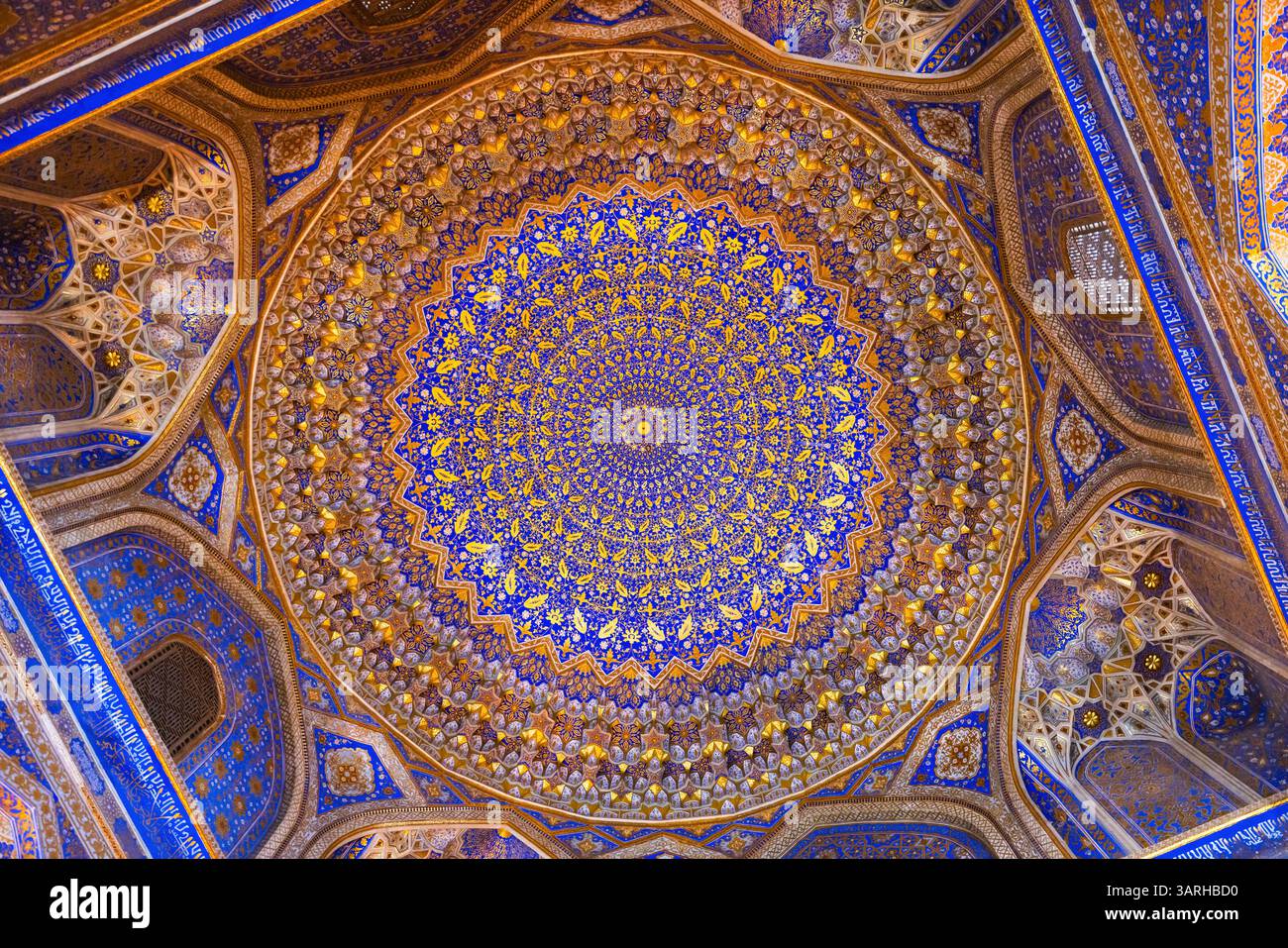 I disegni geometrici dettagliati in oro e azzurro adornano un magnifico soffitto ad arco, mescolando arte e patrimonio culturale in intricati motivi riempiono Foto Stock