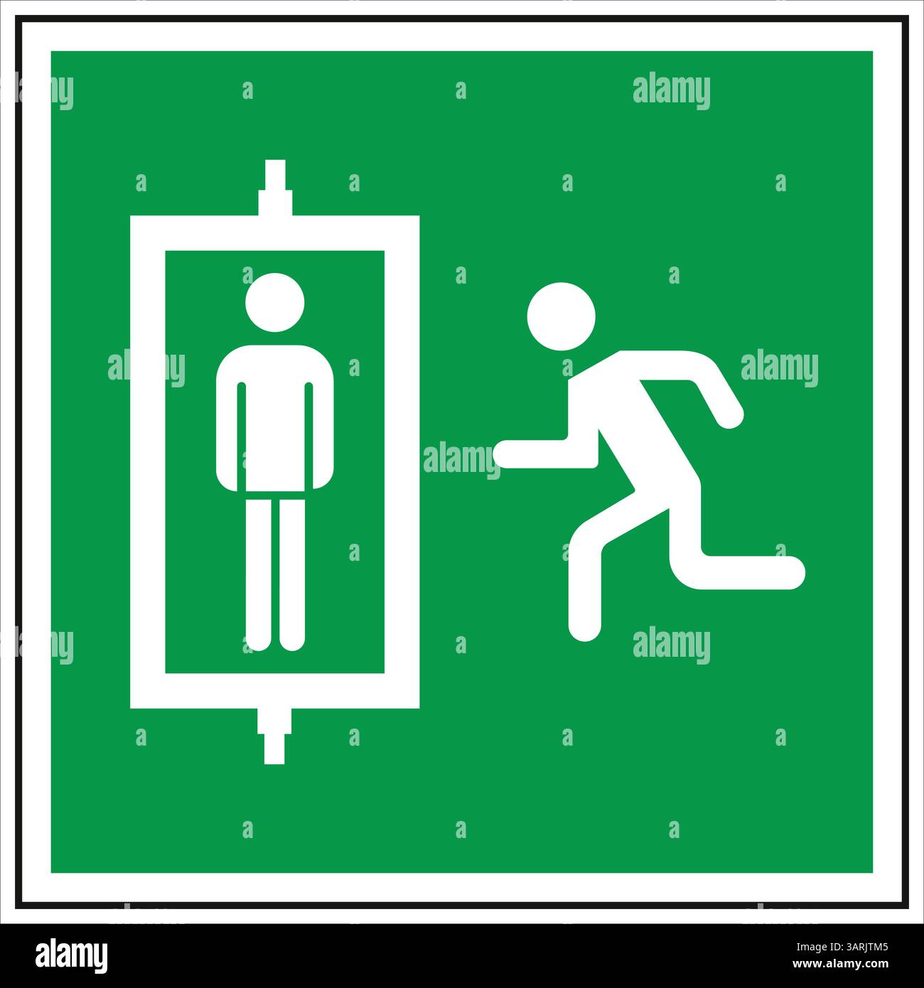 Segnale verde di uscita di emergenza con uomo bianco in corsa e persona in piedi che rappresenta le procedure di evacuazione sicure Illustrazione Vettoriale
