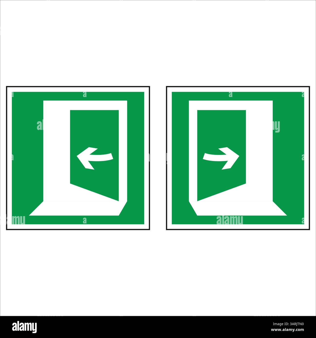 Segnali di uscita di emergenza verdi e bianchi con frecce che indicano la direzione di apertura delle porte Illustrazione Vettoriale