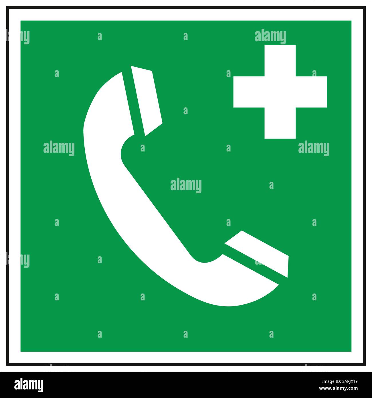 Segnale di pronto soccorso verde e bianco che rappresenta un ricevitore telefonico e una croce medica che simboleggia la comunicazione di emergenza Illustrazione Vettoriale