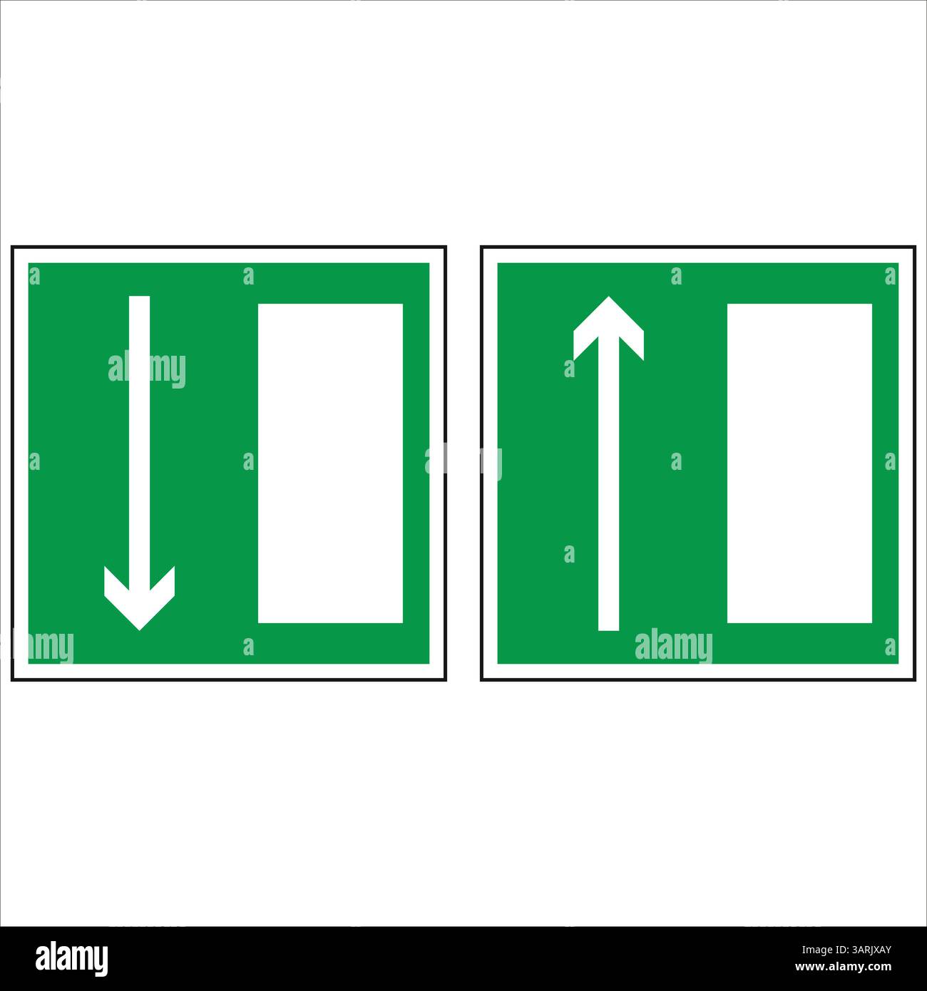 Segnali di uscita di emergenza verdi che indicano le direzioni verso l'alto e verso il basso con il simbolo di una porta aperta, che forniscono una guida chiara durante le evacuazioni Illustrazione Vettoriale