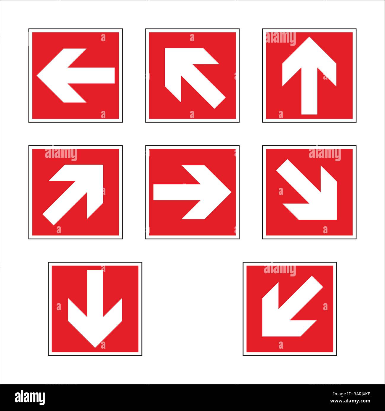 Set di nove segnali di uscita di emergenza rossi e bianchi che indicano varie vie di fuga Illustrazione Vettoriale