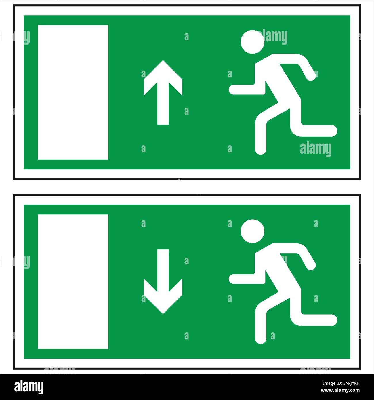 Segnali verdi per l'uscita di emergenza con uomo bianco che corre e frecce che indicano le vie di fuga verso l'alto e verso il basso Illustrazione Vettoriale