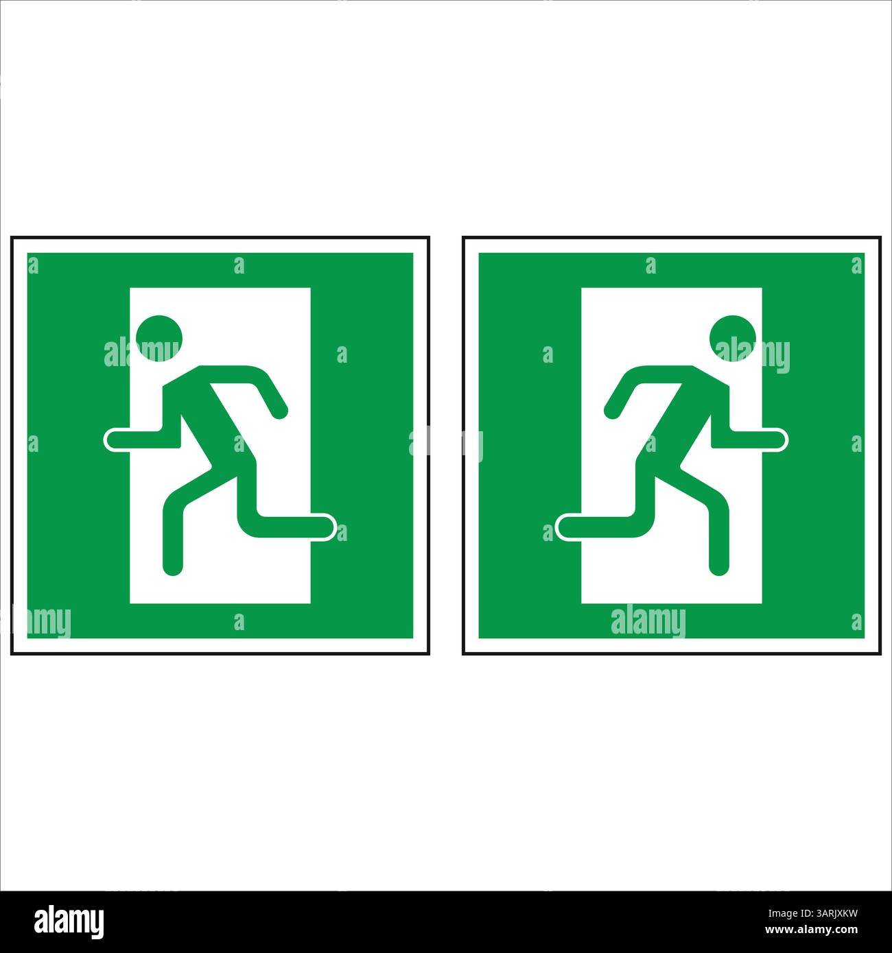 Due segnali di uscita di emergenza verdi standard con una persona che corre sono visualizzati su uno sfondo bianco, che indicano le vie di fuga Illustrazione Vettoriale