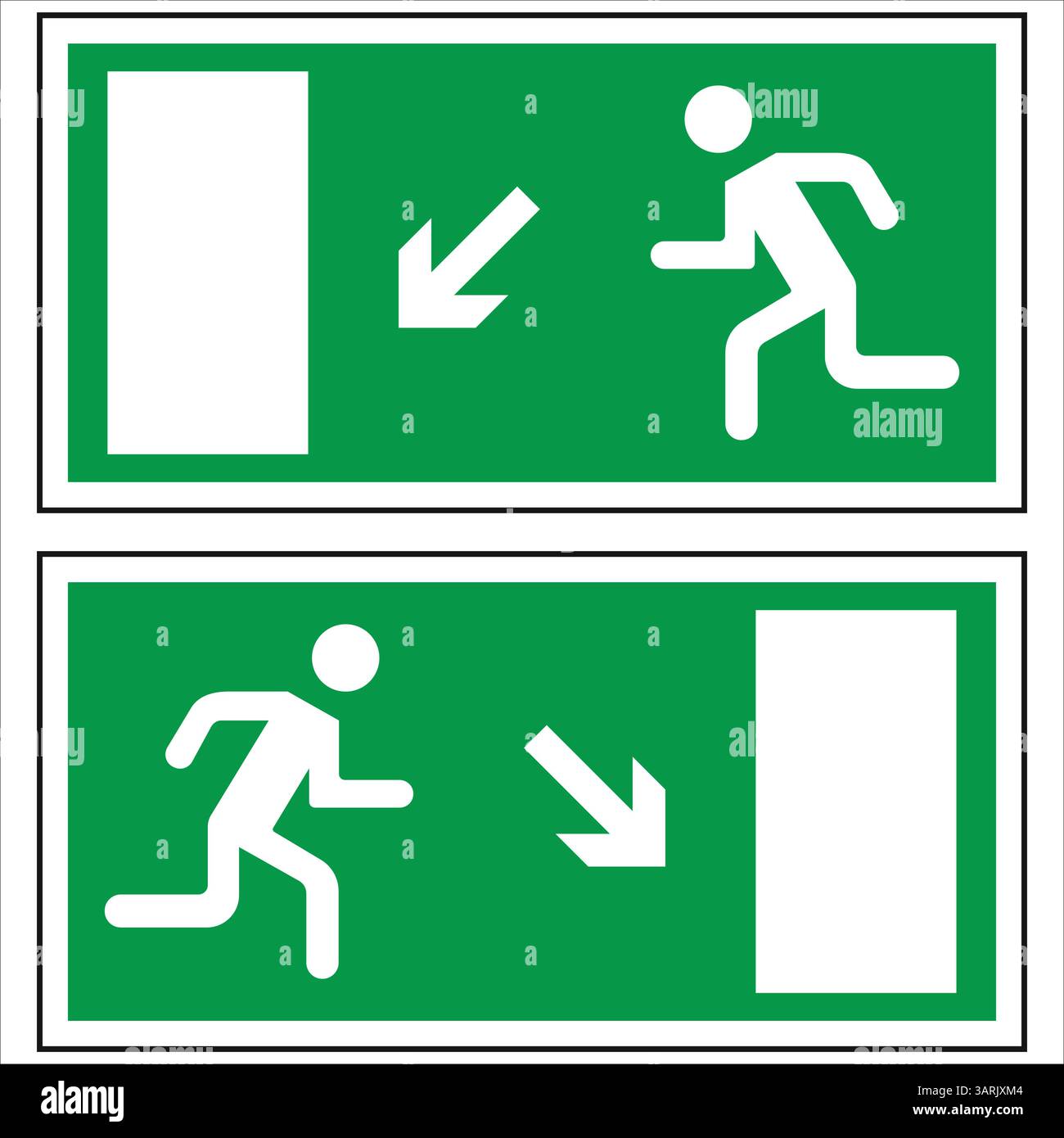 Segnali di uscita di emergenza verdi con uomo bianco che corre e freccia che indicano la direzione per la via di fuga Illustrazione Vettoriale